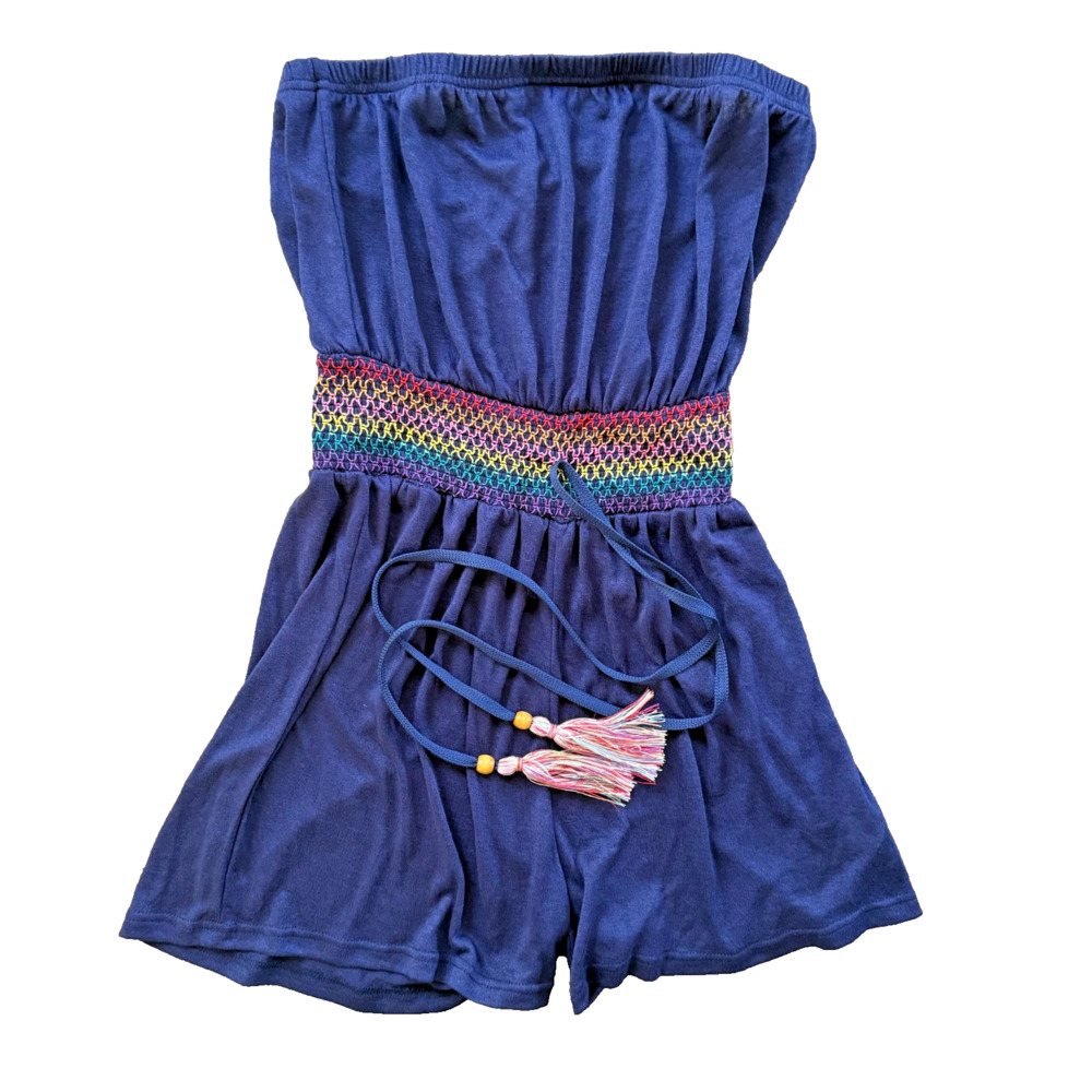 CUPSHE Navy Strapless Romper S Rainbow Smocked Waist Tassel Boho Beach